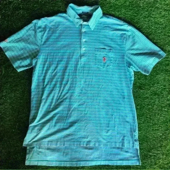 POLO GOLF RALPH LAUREN SHIRT MENS LARGE STRETCH LISLE AQUA STRIPED PIMA COTTON - Picture 1 of 6